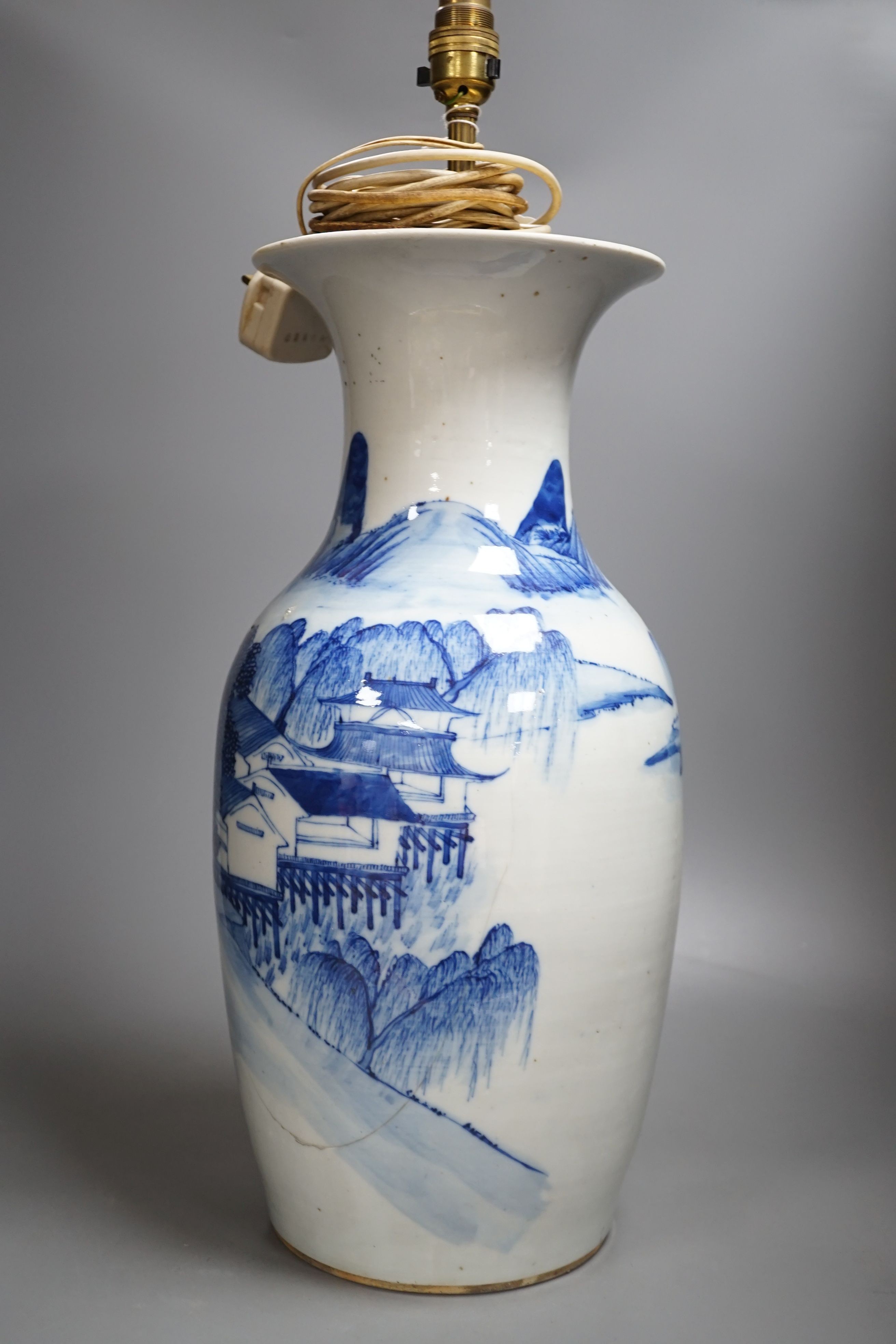 An early 20th century Chinese blue and white landscape vase converted to a lamp, total height 58cm
